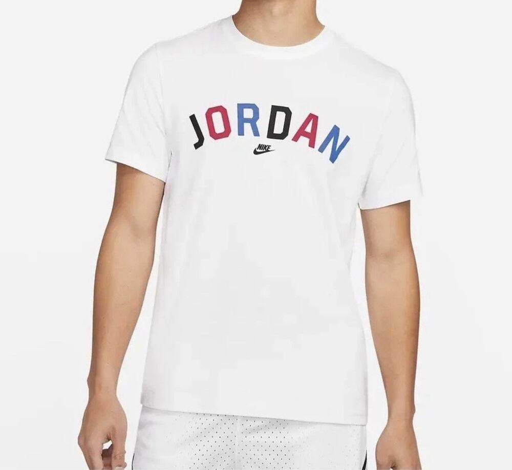 New! Nike Air Jordan Sport DNA Wordmark White Red Black Blue Top T-Shirt Men's L